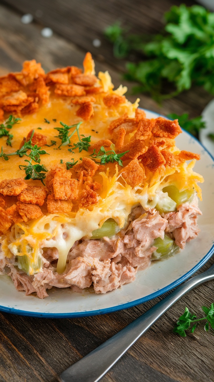 A serving of Keto Tuna Casserole with a crispy topping, served on a plate, garnished with herbs.